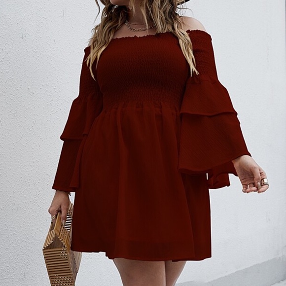 Boho Plus Off Shoulder Ruffle Bell Sleeve Dress - Picture 7 of 14